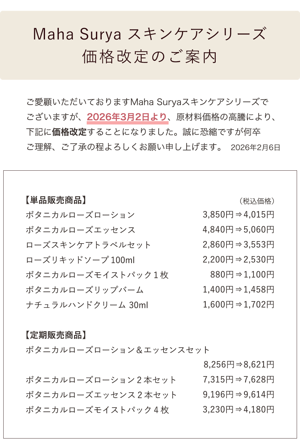 マハスーリヤ,価格変更