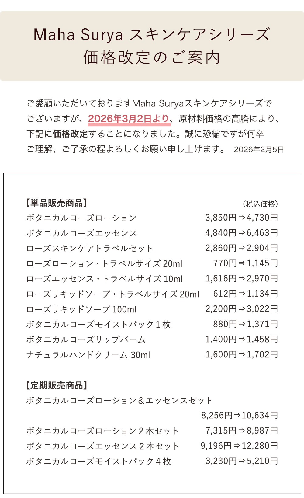 マハスーリヤ,価格変更